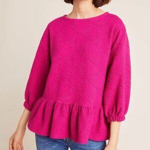 Maeve Anthropologie Mikayla Top Blouse Hot Pink Textured Cotton Peplum Size M